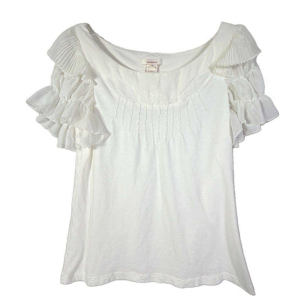 Sundance Top Womens Size Medium Pin Tuck Chiffon Ruffle Sleeve Cream Embroidery